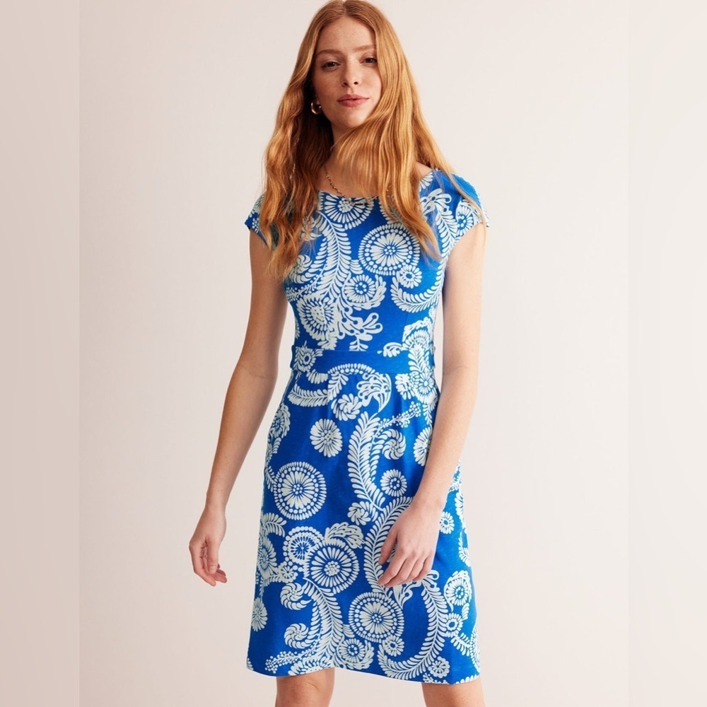 NWT Boden Florrie Jersey Dress‎ Indigo Bunting Abstract Charm Floral Blue White